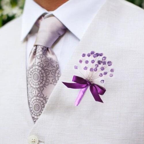 Handmade custom Purple groom corsages, best man lapel flowers , Lavender feathers brooch Mens dress crystal pearl Corsage