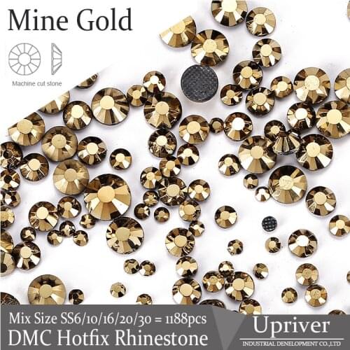 Upriver SS6-SS30 Mine Gold Iron On DMC Hotfix Rhinestones Machine Cut Glass Strass