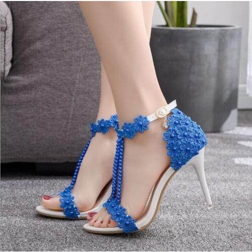 Women Sexy Sandals Red Blue White Lace Flowers Pearl Tassel Bridal Heel Fine High Heels Slender Bridal Pumps Wedding Shoes