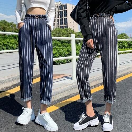 Vintage Striped Womens jeans Harem Pants Straight High Waist Denim Fabric Blue Female Pants Casual Loose Chic Girl Jeans