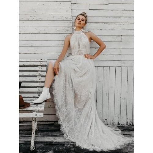 High Halter Neck Ruched Tulle Overlay Lace Wedding Dress Boho Beach Bridesmaid Chic Elegant Bridal Gown With Pearls Custom Made