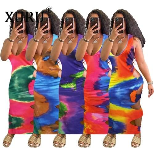 XURU Summer Tie-dye Printed Dress Sexy European and American Large Size Womens Sexy Dress Hot Sale Hollow Party Dress
