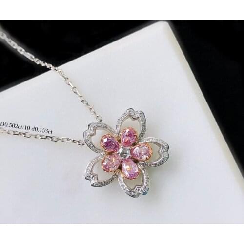 Fashion Jewelry Charm Geometric Flower Pendant Necklace Inlay Pink Zircon Women Wedding Engagement Clavicle Chain Valentine Gift