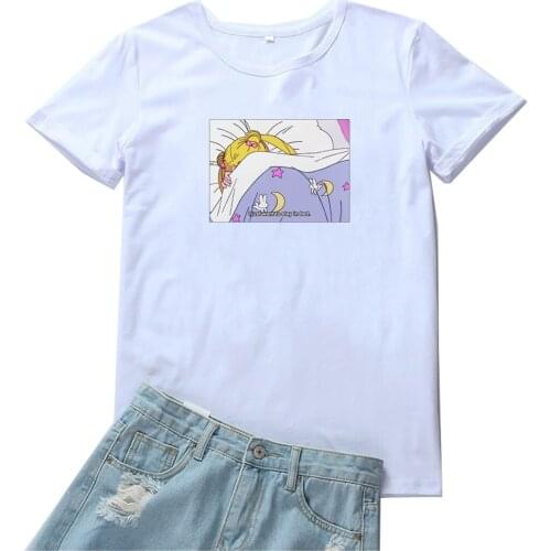 I Just Want To Stay In Bed Women T-shirt Cartoons Pattern Women Tshirt Vintage Harajuku Japan Style T-shirts Women Clothing