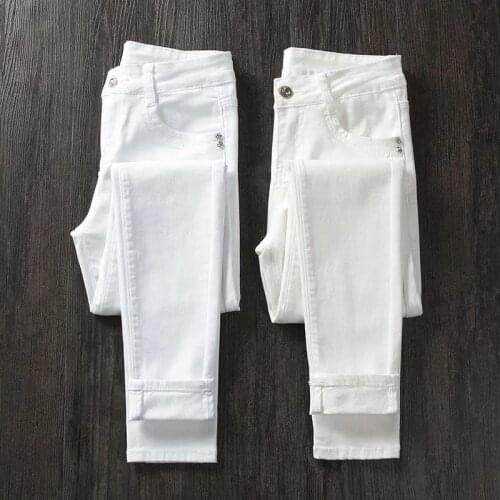 2021 New Spring Autumn Women White Denim Jeans Korean High Waist High Elastic Stretch Jeans Female Denim Skinny Pencil Pant 720