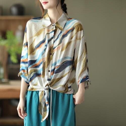Oversized Cotton Linen Printed Women Shirts Summer Vintage 2021 Bandage Slim Female Outwear Blouse Tops