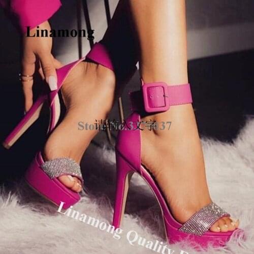 Linamong Women Chraming Rhinestone High Platform Stiletto Heel Sandals Rose Red Crystal High Heel Sandals Wedding Club Shoes