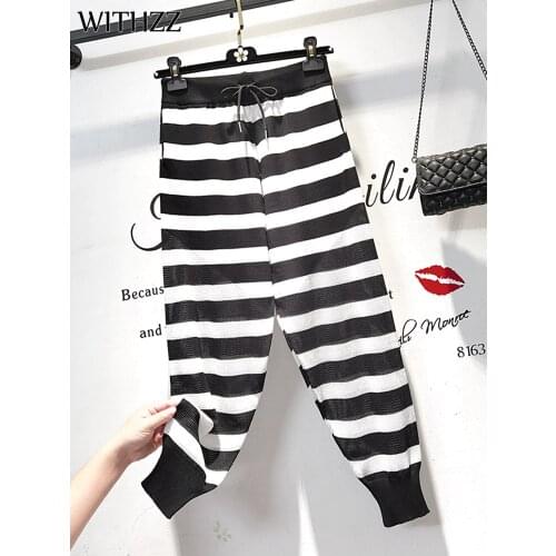WITHZZ Women Spring Summer Fashion Stripes Hollow Out Knitted High Waist Trousers Female Loose Sports Casual Harem Pants