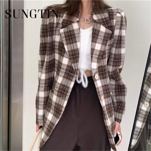 Sungtin Korean Oversized Plaid Blazer Women Office Lady Loose Work Double Breasted Blazer Plaid Coat Vintage Elegant Outwear New