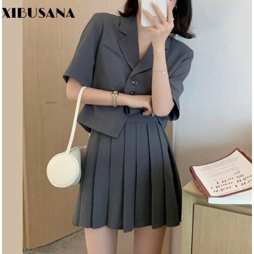 Women Retro Short Double Button Blazer Outwear And High Waist Pleated Skirts Two Piece Suits Female Short SleeveBlazers Suits