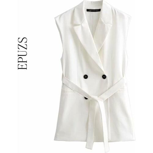 ZA 2021 Double Breasted vest jacket women Waistcoat casual white black long coat vintage sashes with pocket outwear