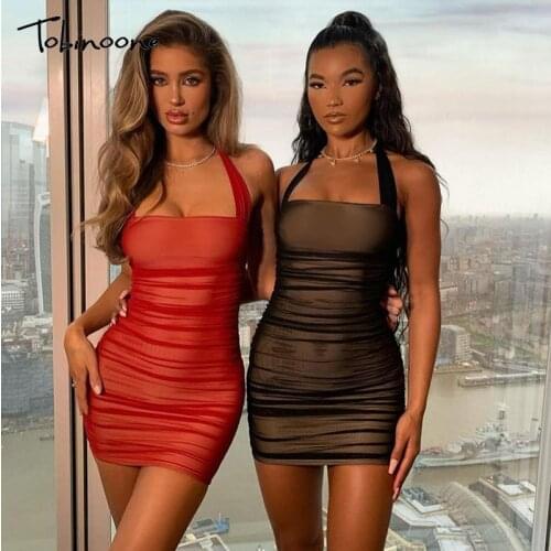 Tobinoone Halter Mesh Solid Summer Dress Women Double Layer Sexy Club Party Dress Ruched Sheath Bodycon Mini Dress 2021 Vestidos