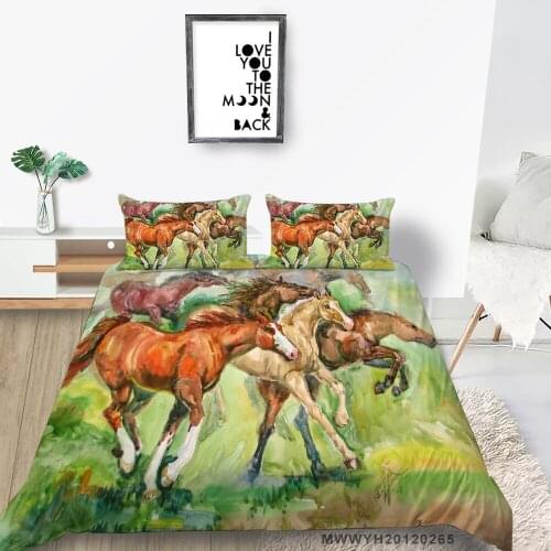 3D Horses Bedding Set Double Artistic Cool Fashion Duvet Cover Single Twin Full King Queen Grass Bed Set For Boys