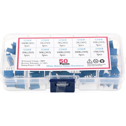 50Pcs/Box 3296W Multiturn Trimmer Resistance Potentiometer Kit