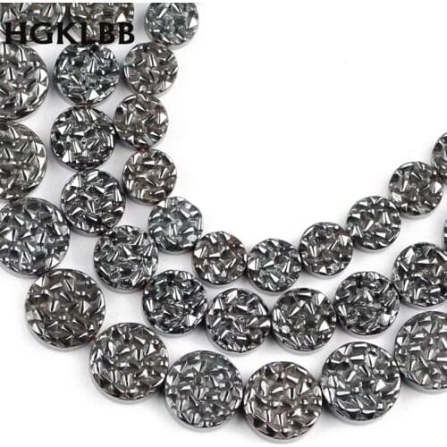 HGKLBB Flat Round Coin Black Hematite Natural Stone 8/10/12MM Carving Uneven Spacer Loose beads For Jewelry making bracelet DIY