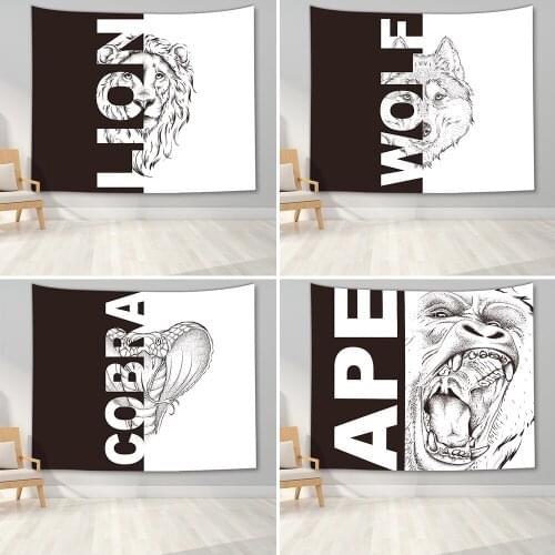 Black and White Tapestry Lion Wolf Cobra Ape Animal Tapestry for Home Decor Luxury Decorative Tapestry Wall Hanging