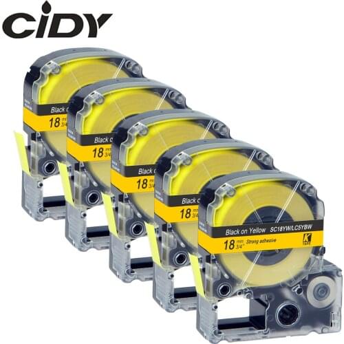 CIDY 5Pcs SC18YW/LC5YBW LC-5YBW9 for compatible KingJim 18MM Black on Yellow Label tape for Epson machine LW300 LW400 LW-600P