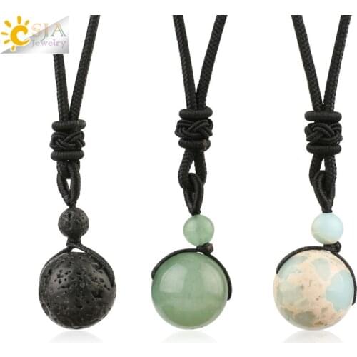 CSJA Natural Gem Stone Round Ball Beads Pendants Necklaces Healing Lava Green Aventurine Adjustable Necklace for Female Men S465
