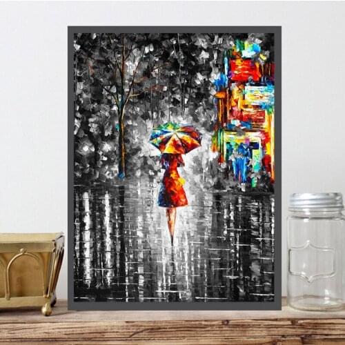 Rain Night Woman with Umbrella Street Landscape Girl Canvas Oil Painting Knives Wall Art Poster Print Picture For Living Room