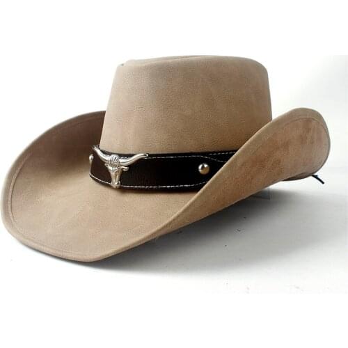 2019 Leather Cowboy Hat Bull Head Leather Band Decor Men Women Large Brim Jazz Cap