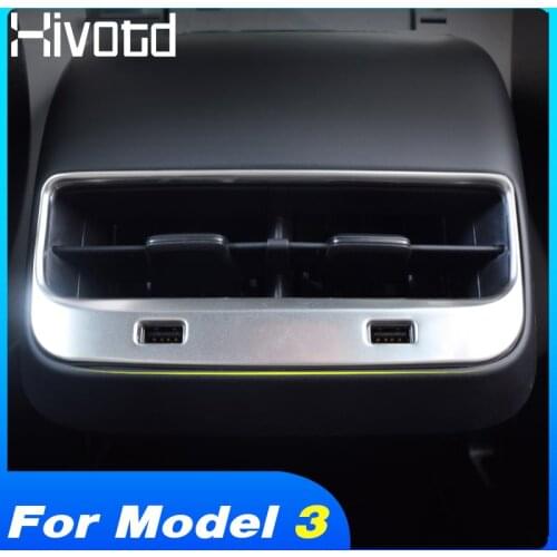 Hivotd For Tesla model 3 Carbon Fiber Car Armrest Rear Air Conditonnal Vent Cover Trim AC Outlet Stainless Steel Panel 2018 2019
