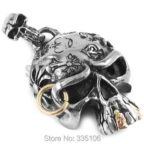 Interesting Gold Teeth Ghost Skull Pendant Stainless Steel Jewelry Retro Motor Biker Pendant SWP0114