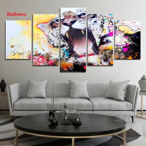 Canvas Painting Decoration Frameless Painting Living Room Five-Piece Painting Tiger Painting with Mouth Open Bedroom Painting