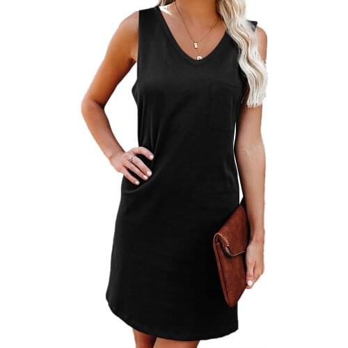 Gray/Red Chest Pocket Tank Mini Dress Women Sexy V Neck Sleeveless Solid Summer Casual Short Dress