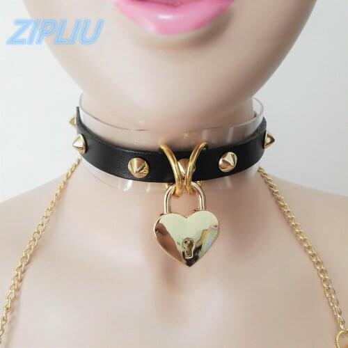 Fashion Harajuku Handmade Rock Punk Goth heart padlock Studded Rivets Leather Choker Belt Sexy Necklace collar belt Club Party