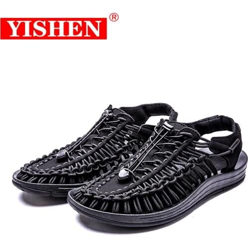 YISHEN 2021 Mens Sandals Breathable Soft Flat Woven Sandals Outdoor Beach Slip On Fashion Men Casual Shoes