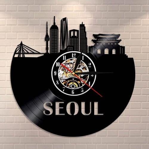 Handmade Seoul Vinyl Record Wall Clock South Korea Seoul Travel Gift Seoul Architecture Wall Decor Home Decorative Wall Clock