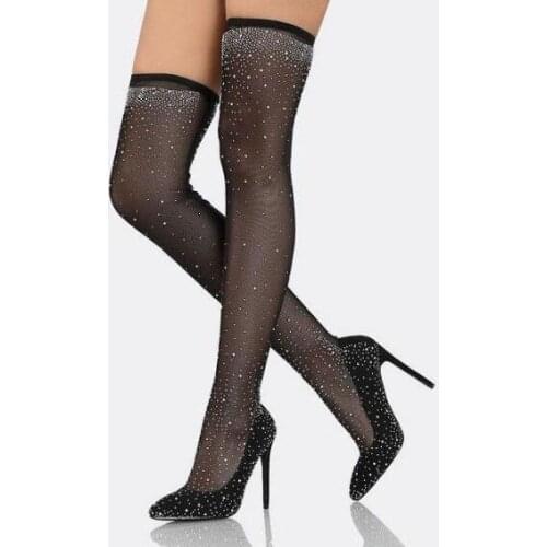 New Arrivals Woman Sexy Black Lace Long Boot Ladies Bling Rhinestone Slim Sock Over-the-knee Boots Thin High Heels Party Shoes