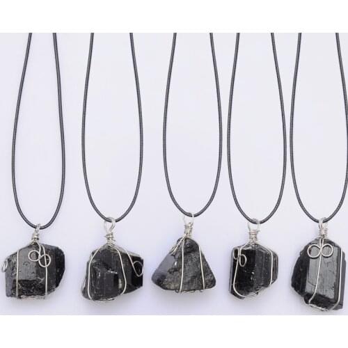 BOEYCJR Black Tourmaline Stone Necklace Wax Rope Handmade Winding Jewelry Ethnic Vintage Stone Pendant Necklace for Women