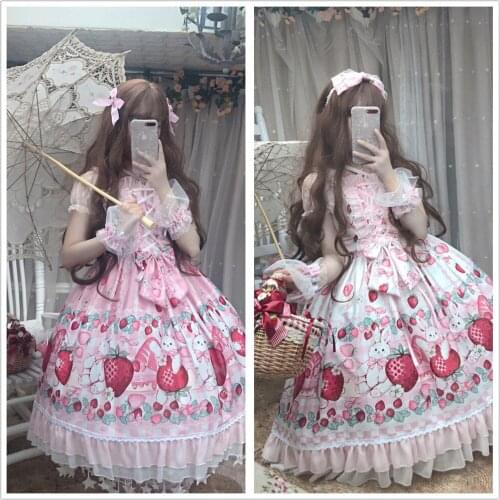 Palace Style Kawaii Strawberry Rabbit Printed Party JSK Dress Lolita Fairy Sweet Ruffles Lace Suspenders Sleeveless Dress Summer