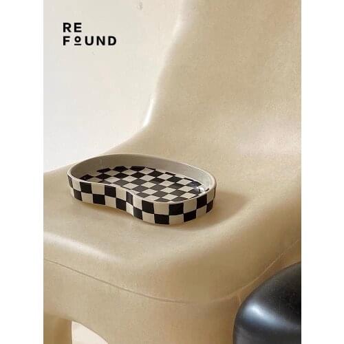 Retro Checkerboard Lattice Storage Drag Tray Design Sense Cake Tray Special-Shaped Fashionable Desktop Storage Decoration
