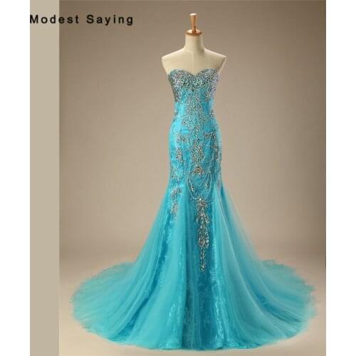 Luxury Blue Mermaid Beaded Lace Evening Dresses 2017 with Rhinestone Formal Engagement Party Prom Gowns vestido longo de festa
