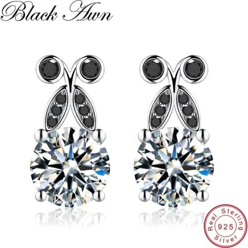 [BLACK AWN] Genuine 925 Sterling Silver Jewelry Black Spinel Stone Engagement Stud Earrings for Women T114
