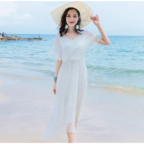 Silk dress new V-neck Bali Beach Resort Bohemian silk fairy beach skirt womens summer