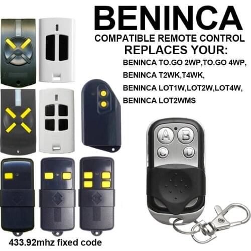 BENINCA 433MHz fixed code garage door opener for BENINCA TO.GO 2WK, TO.GO 4WK, T2WK, T4WK, LOT1W, LOT2W, LOT2WMS door commands