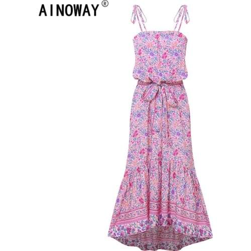 Vintage Chic Women pink floral print sleeveless strap beach Bohemian happie dresses Ladies rayon Boho maxi dress vestidos
