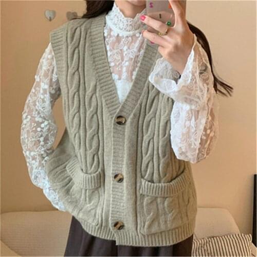 Knitted Sweater Vest Women Colorful Elegant Pocket V-neck Simple All-match Trendy Vintage Solid Daily Outwear Soft Sleeveless