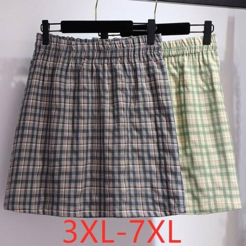 New 2021 summer plus size midi skirt for women large casual loose plaid a line pleated skirts blue green 3XL 4XL 5XL 6XL 7XL