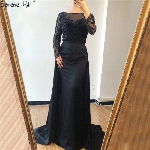 Serene Hill Muslim Red Luxury Beading Evening Dresses Gowns Satin Mermaid Elegant With Train For Women Party LA6275