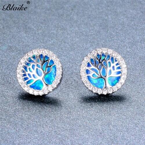 Blaike White/Blue Round Rainbow Life Tree Fire Opal Stud Earrings For Women Silver Color Earring Jewelry Gifts