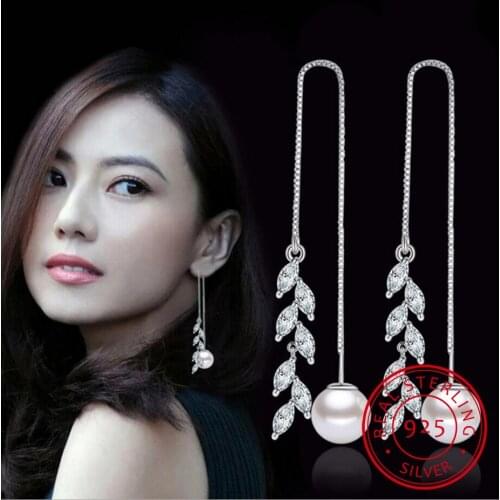 100% 925 sterling silver new design imitation pearl crystal flower ladies`long stud earrings jewelry Anti allergy cheap