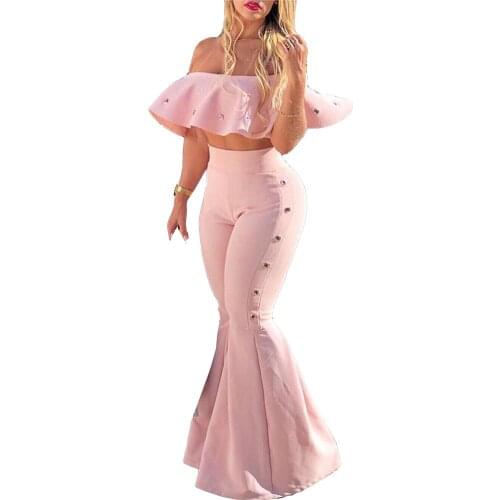 Ladies Off-Shoulder Ruffle Short Top And Flared Solid Color Pants Two-Piece Suit