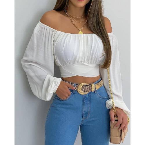 2021 Women Plus Size Lantern Sleeve Zipper Design Casual Top Off Shoulder Ruched Lantern Sleeve Crop Top