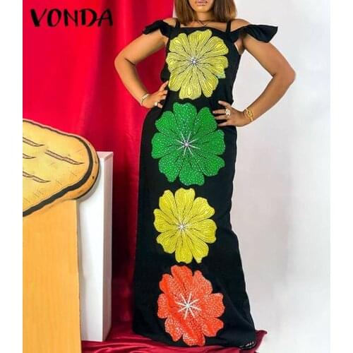 Women Sundress Vintage Floral Print Dress VONDA 2021 Summer Long Maxi Dresses Ladies Pleated Zipper Party Vestidos Longue Robe