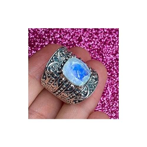 Womens Fashion 925 Sterling Silver Ring Retro Unique Natural Moonstone Jewelry Wedding Engagement Party Ring Size 5-11