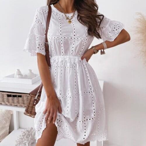 Summer Women Dress O Neck Hollow Out Soild Color Embroidery Short Sleeve A Line Office Midi Dress